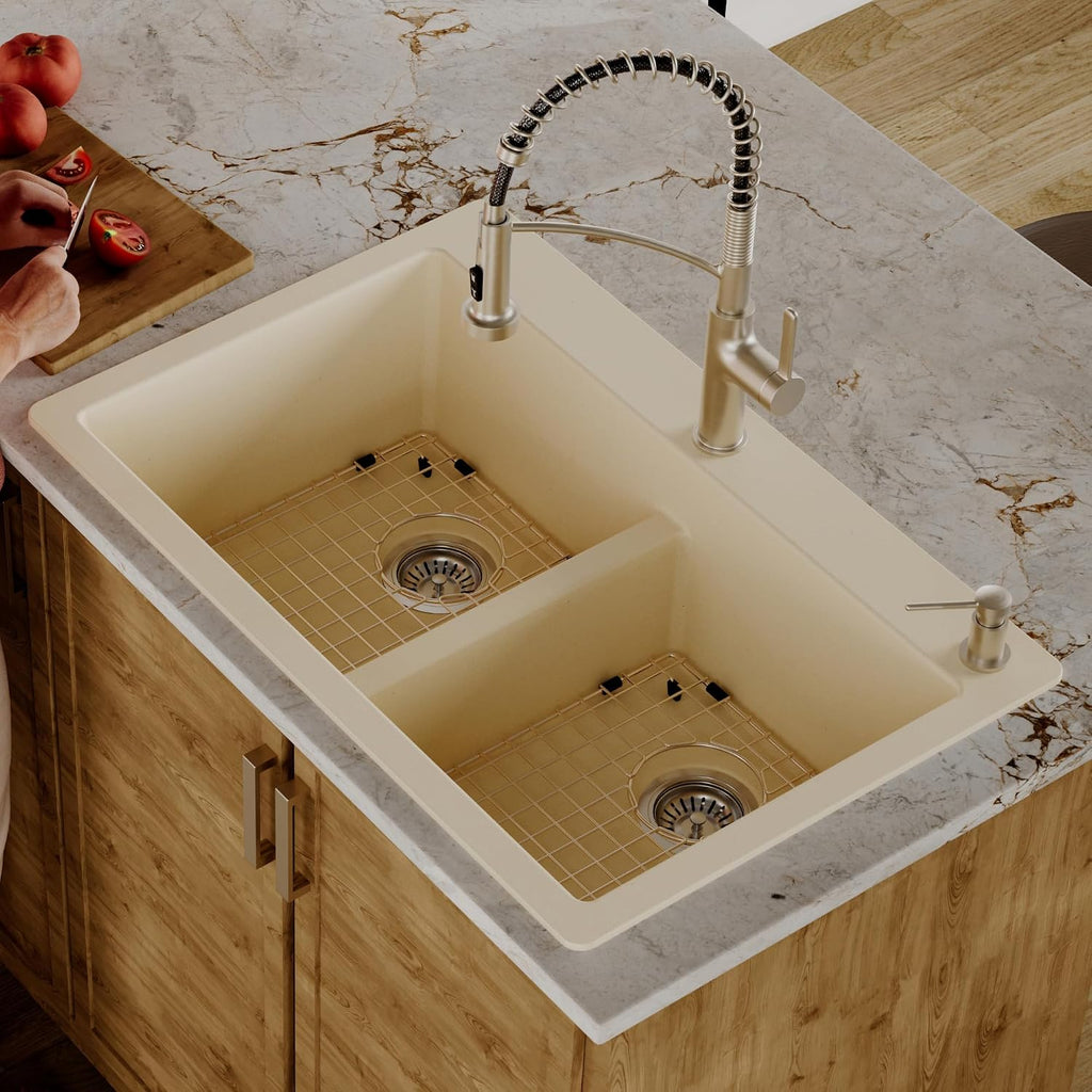 Karran QT-810 33' Top Mount Double Equal Bowl Quartz Kitchen Sink Kit in Bisque