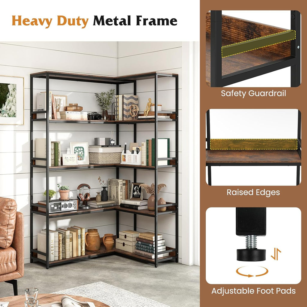 Tangkula Large Corner Bookshelf, 90 Degrees 5-Tier Industrial Wood Open Corner Bookcase for Small Spaces, Heavy-Duty Metal Frame, 71'H L-Shaped Storage Display Rack for Living Room (Rustic Brown)