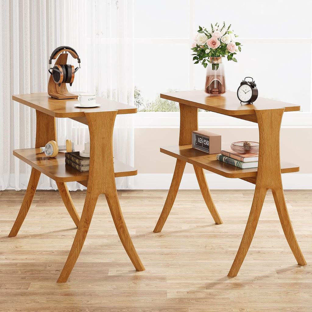 Tribesigns Narrow Side Table Set of 2, Farmhouse End Table with 2-Tier Storage Shelf and Solid Wood Legs, Slim Modern Bedside Table Nightstand for Bedroom, Living Room, Small Spaces, Brown(2)