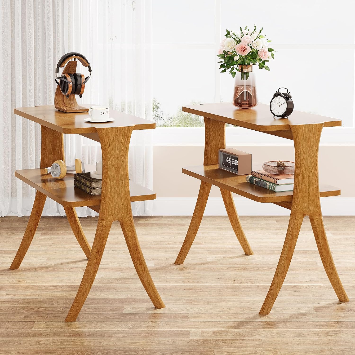 Tribesigns Narrow Side Table Set of 2, Farmhouse End Table with 2-Tier Storage Shelf and Solid Wood Legs, Slim Modern Bedside Table Nightstand for Bedroom, Living Room, Small Spaces, Brown(2)