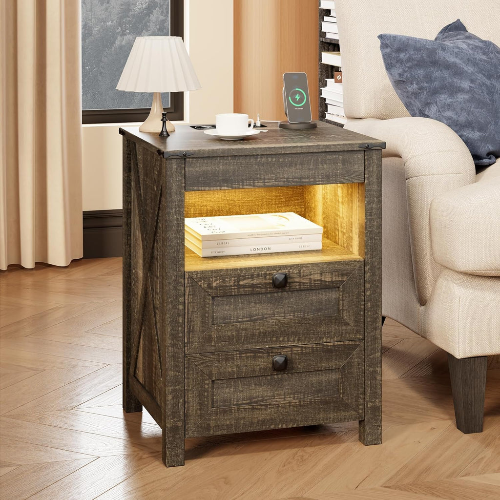 Farmhouse LED Nightstand with Gun Drawer&Invisible Lock,Modern Bedside Table with Human Sensor Design,Rustic Side Table with Wireless Charging for Living Room, Dark Oak
