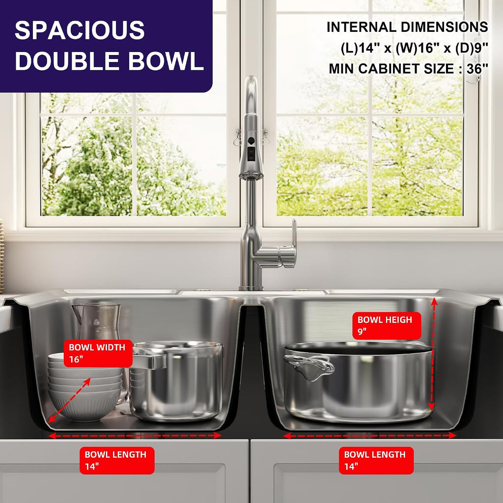 33x22 Double Bowl Drop In Kitchen Sink 33 Inch Topmount 304 Stainless Steel 18 Gauge Curved Shape Round Corner 50/50 Sinks with Basket Strainer 33' x 22' x 9'