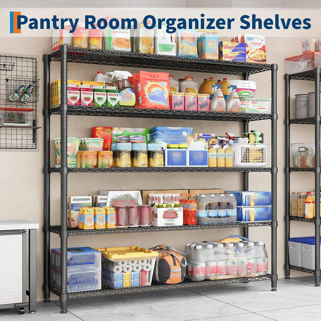 Garvee Storage Shelves, 5-Tier Metal Shelving Units with Wheels, 73' H x 59' W x 17.1' D, 3300 LBS Heavy Duty Wire Shelving Rolling Rack for Garage Kitchen Home Basement, Adjustable, Black