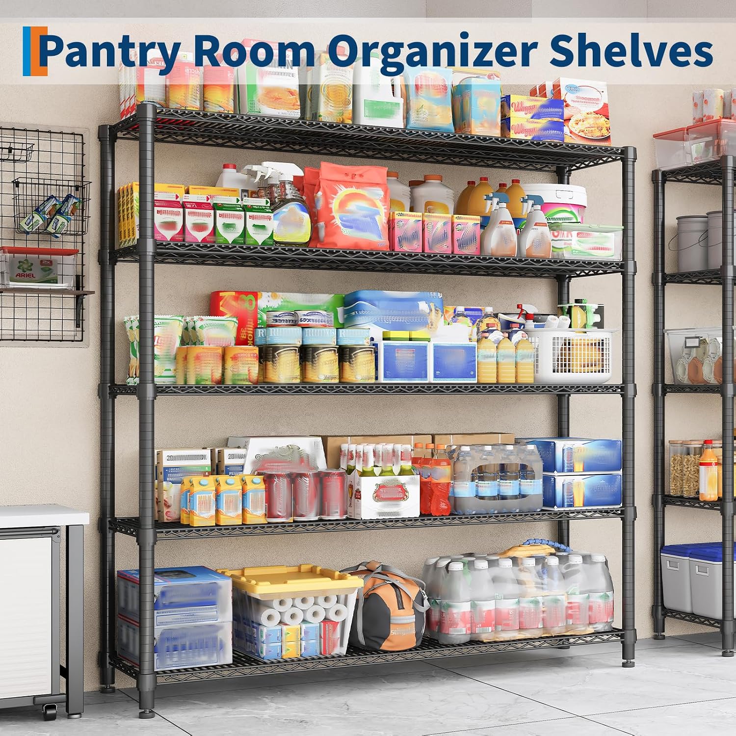 Garvee Storage Shelves, 5-Tier Metal Shelving Units with Wheels, 73' H x 59' W x 17.1' D, 3300 LBS Heavy Duty Wire Shelving Rolling Rack for Garage Kitchen Home Basement, Adjustable, Black