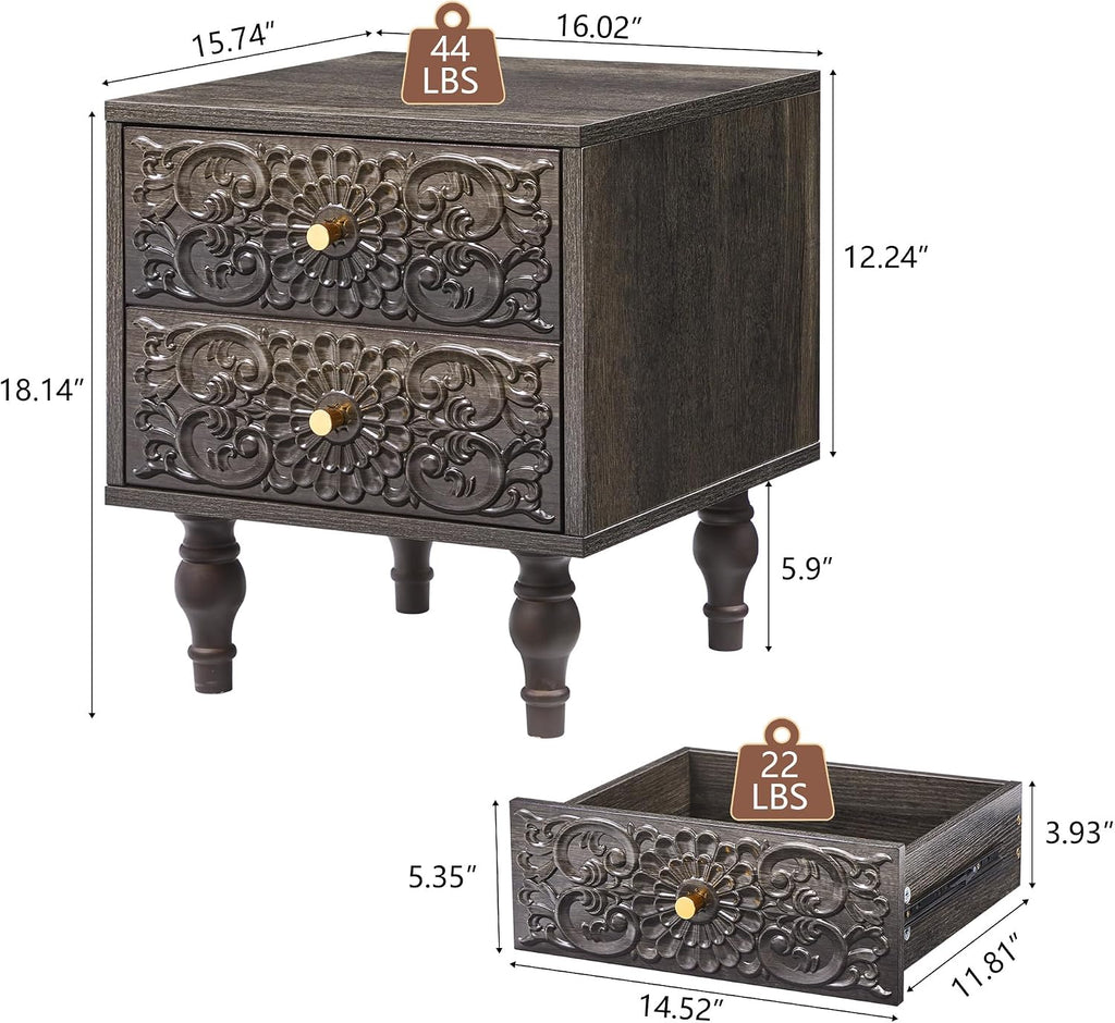 Nightstand, Farmhouse Bedside Table with 2 Drawers and Metal Handles, Wood Sofa Side End Table Accent Dresser for Bedroom, Living Room (Black Brown-2 Packs) (15.75 x 16.02 x 18.15 Inch)