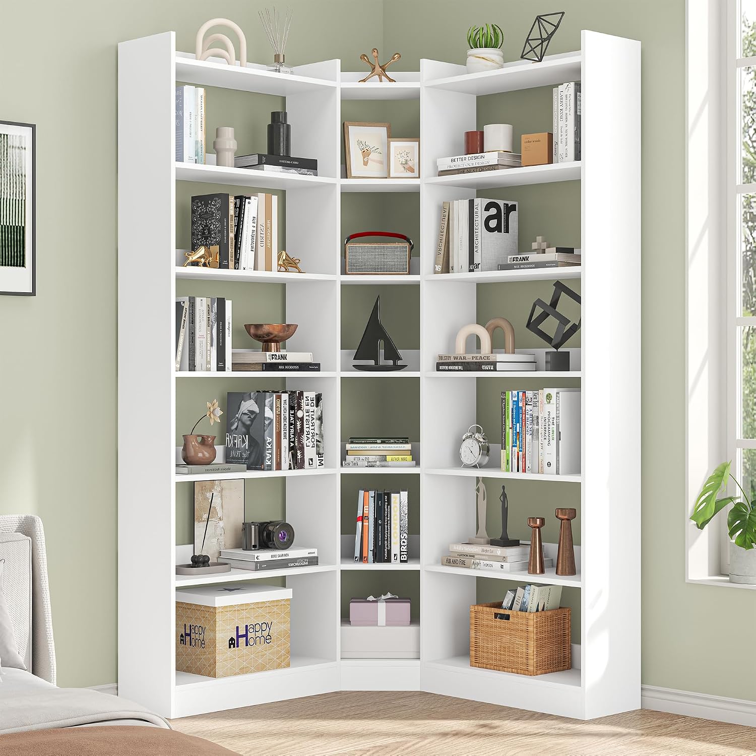 Nosepen 70.8' Tall Corner Bookshelf and Bookcases, 7 Tiers Morden Large Etagere Bookcases Storage Display Rack with Baffle, Industrial L Shaped Bookshelves for Bedroom, Home Office, Living Room, White