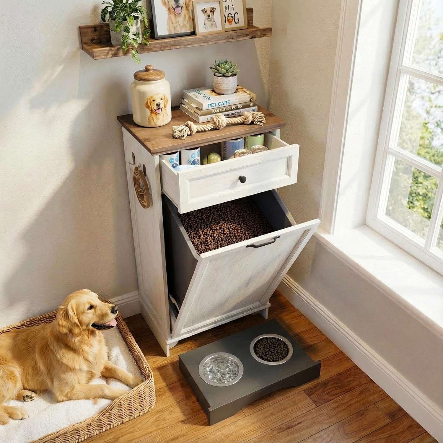 21''W Dog Feeding Station with Storage, (White, Single Door)