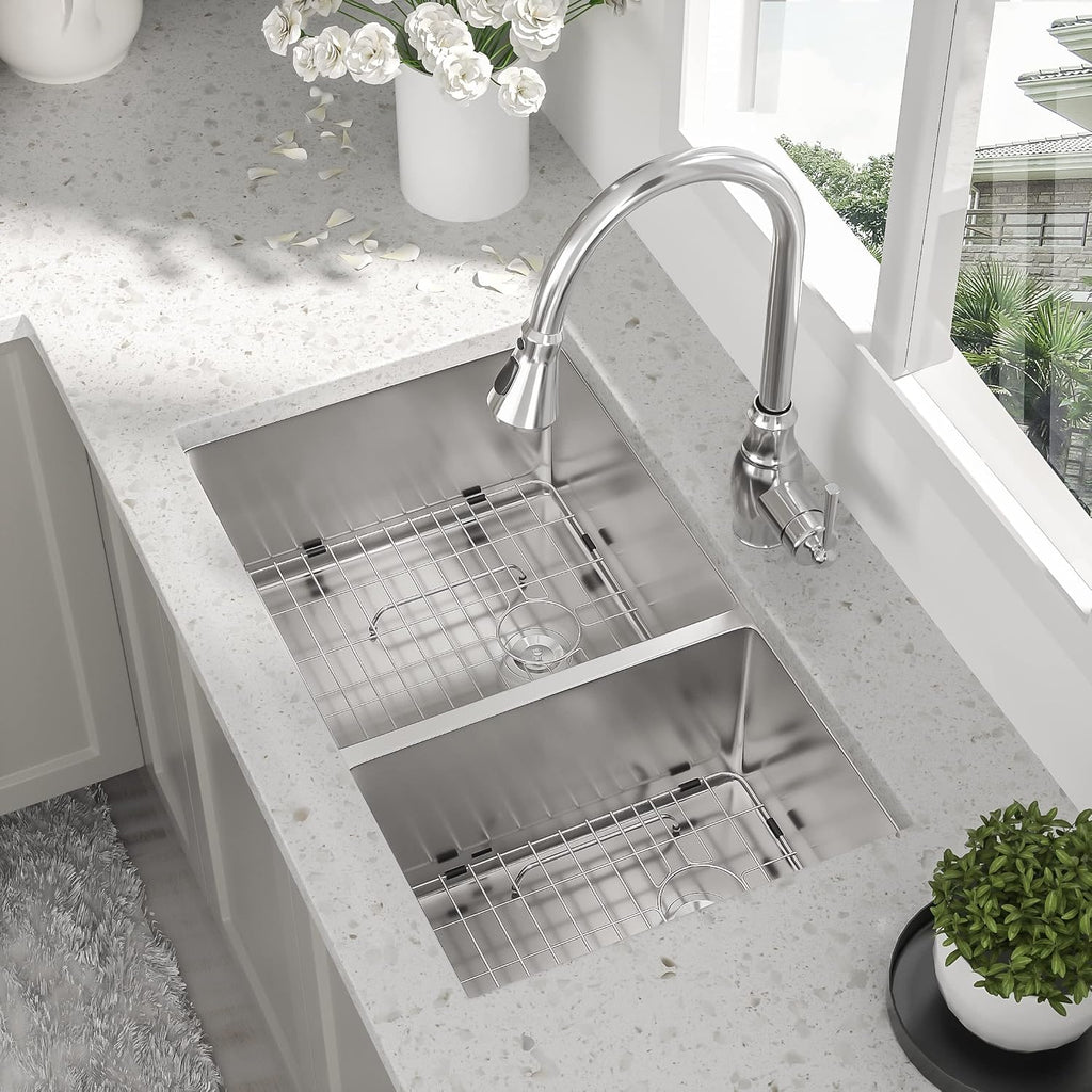 33 Undermount Double Bowl Kitchen Sink - Beslend 33x19x10 Inch Double Sink Stainless Steel Undermount Sinks 16 Gauge 60/40 Double Bowl Sinks
