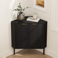 EYYTHUNG Fluted Corner Cabinet, Modern Small Corner Floor Cabinet with 2 Doors and 2-Tier Shelves, Freestanding Narrow Organizer for Living Room Kitchen Bathroom, Black