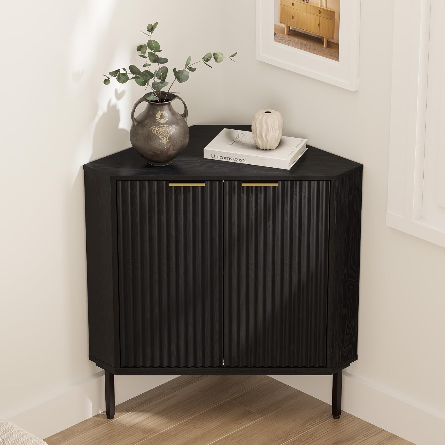 EYYTHUNG Fluted Corner Cabinet, Modern Small Corner Floor Cabinet with 2 Doors and 2-Tier Shelves, Freestanding Narrow Organizer for Living Room Kitchen Bathroom, Black