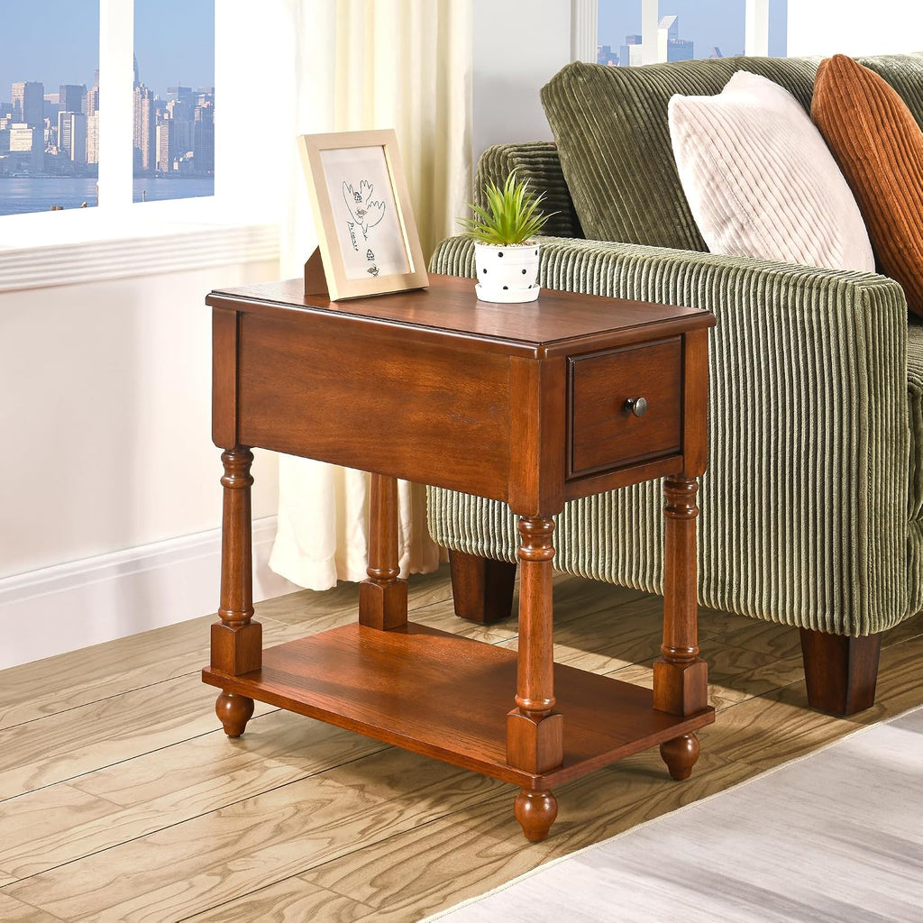 Narrow End Table with Drawer and Shelf, Solid Wood Sofa Side Table 2-Tier Skinny Table with Storage Slim Bedside Table for Small Spaces Living Room-Cherry Brown BBJ-004-DR