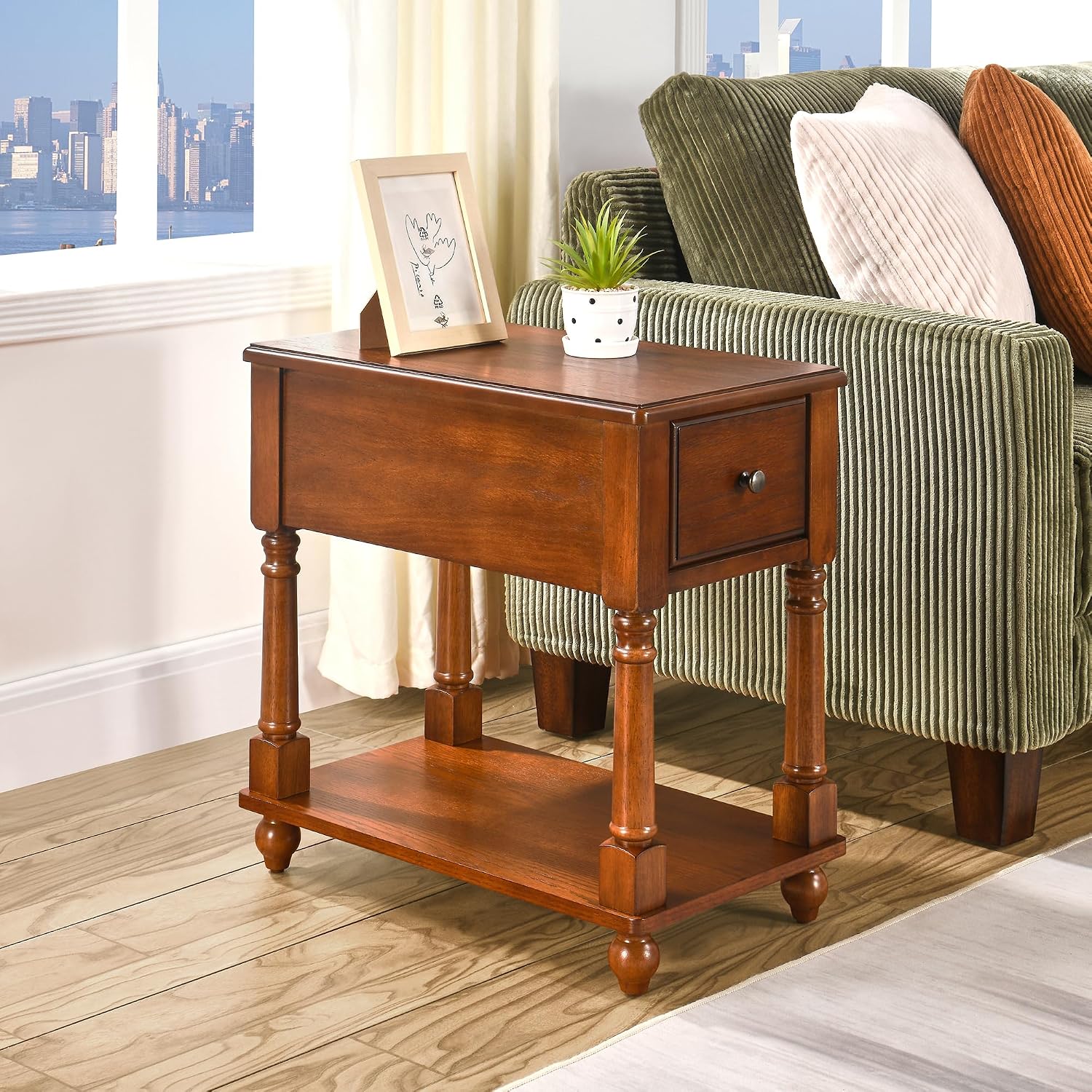 Narrow End Table with Drawer and Shelf, Solid Wood Sofa Side Table 2-Tier Skinny Table with Storage Slim Bedside Table for Small Spaces Living Room-Cherry Brown BBJ-004-DR