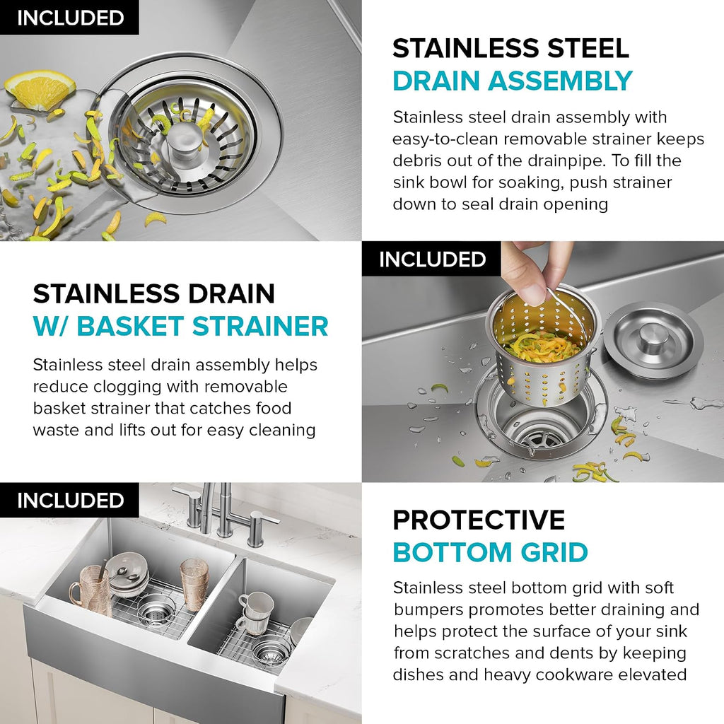 KRAUS Standart Pro 33-Inch Apron Front Farmhouse 16-Gauge 60/40 Double Bowl Stainless Steel Kitchen Sink, KHF203-33