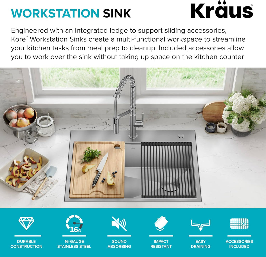 KRAUS Kore 30-Inch Drop In/Top Mount Workstation 16 Gauge Single Bowl Stainless Steel Kitchen Sink with Accessories, KWT310-30