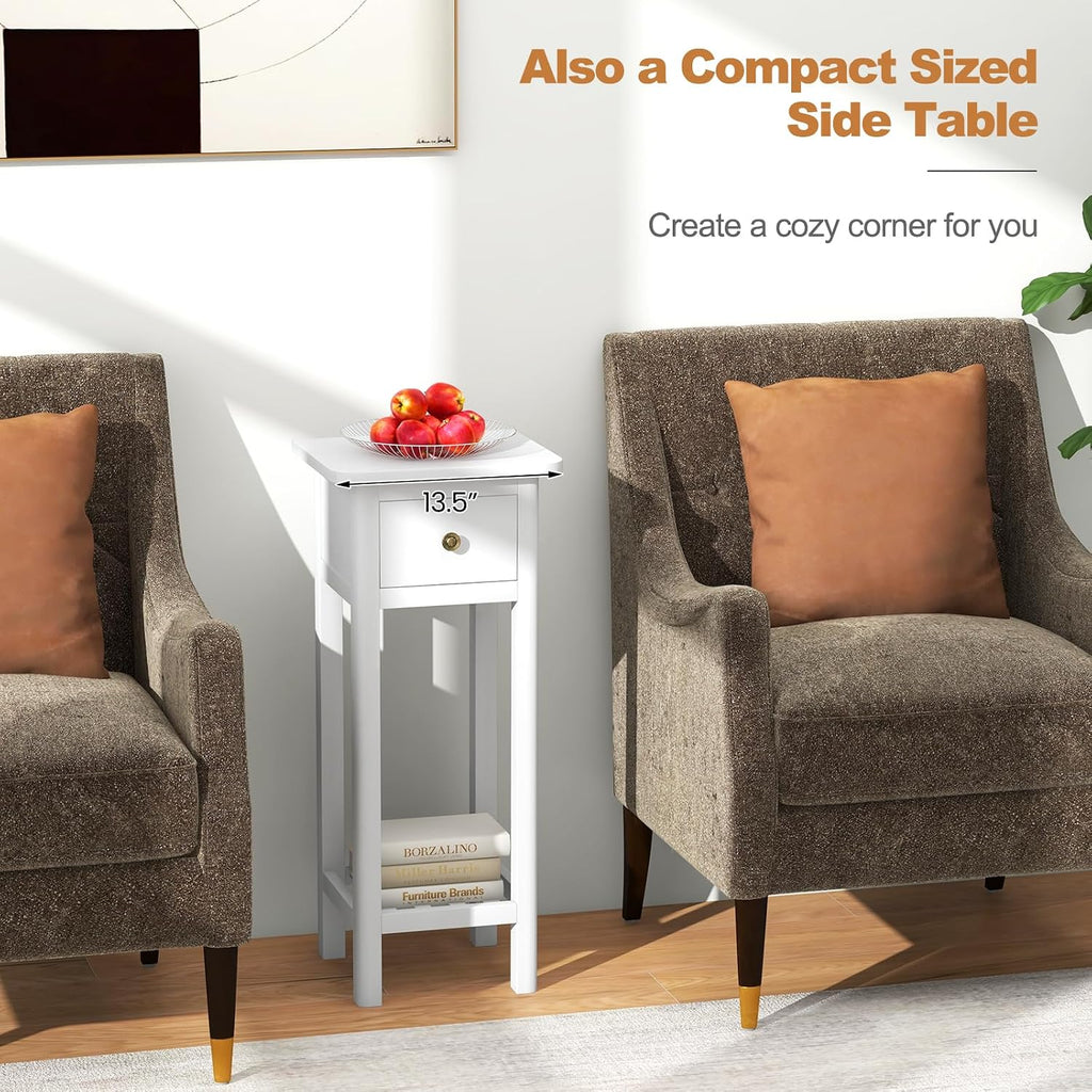 GOFLAME Narrow Side Table Set of 2, Small End Table with Drawer & Shelf, Farmhouse Acacia Wood Tall Sofa Side Table, Slim Nightstand Bedside Table for Small Space Living Room, No Assembly, White