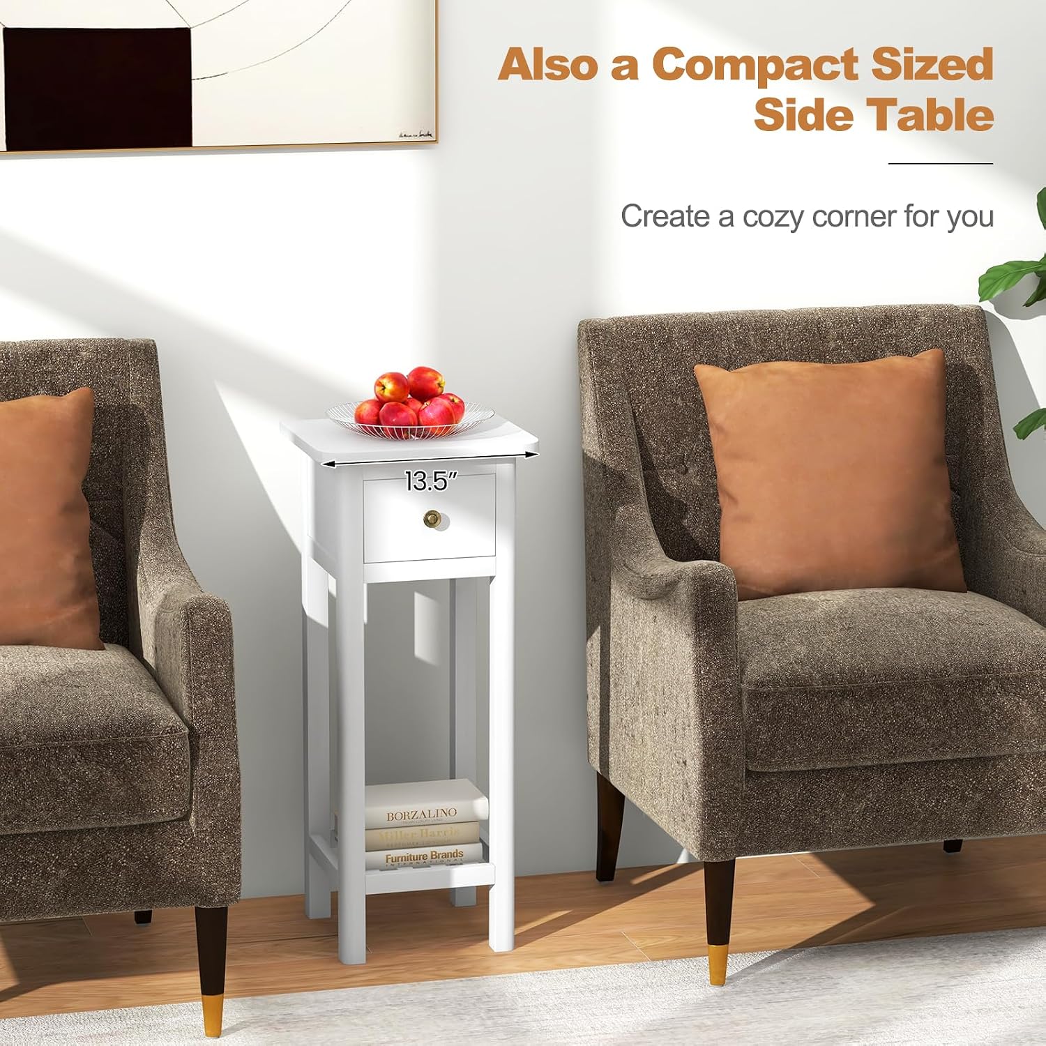 GOFLAME Narrow Side Table Set of 2, Small End Table with Drawer & Shelf, Farmhouse Acacia Wood Tall Sofa Side Table, Slim Nightstand Bedside Table for Small Space Living Room, No Assembly, White