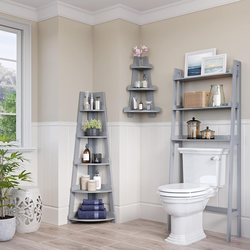 RiverRidge Amery 5-Tier Corner Ladder Shelf - Narrow Corner Shelf Maximizes Storage & Display in Small Spaces - Gray Open Shelving Design for Bathroom, Living Room, Office