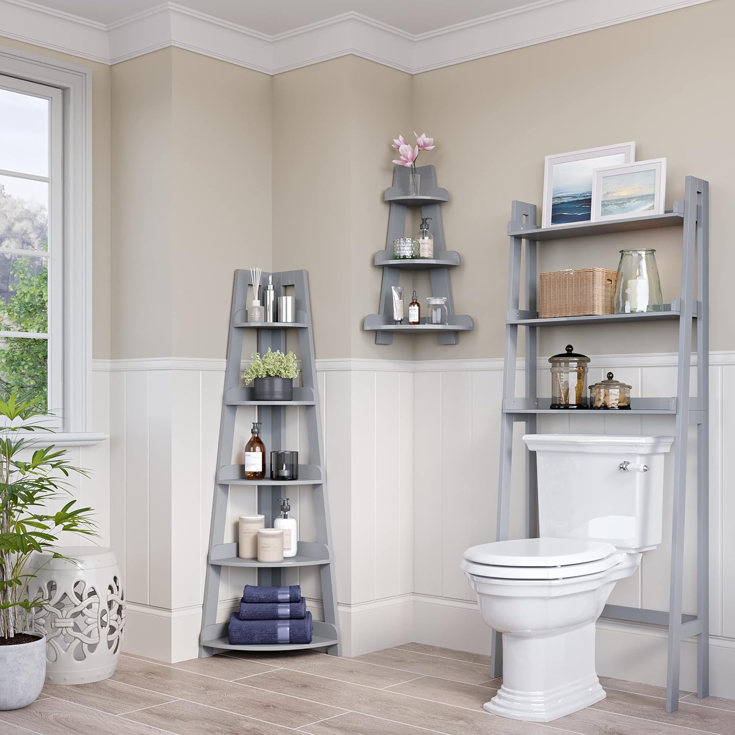 RiverRidge Amery 5-Tier Corner Ladder Shelf - Narrow Corner Shelf Maximizes Storage & Display in Small Spaces - Gray Open Shelving Design for Bathroom, Living Room, Office