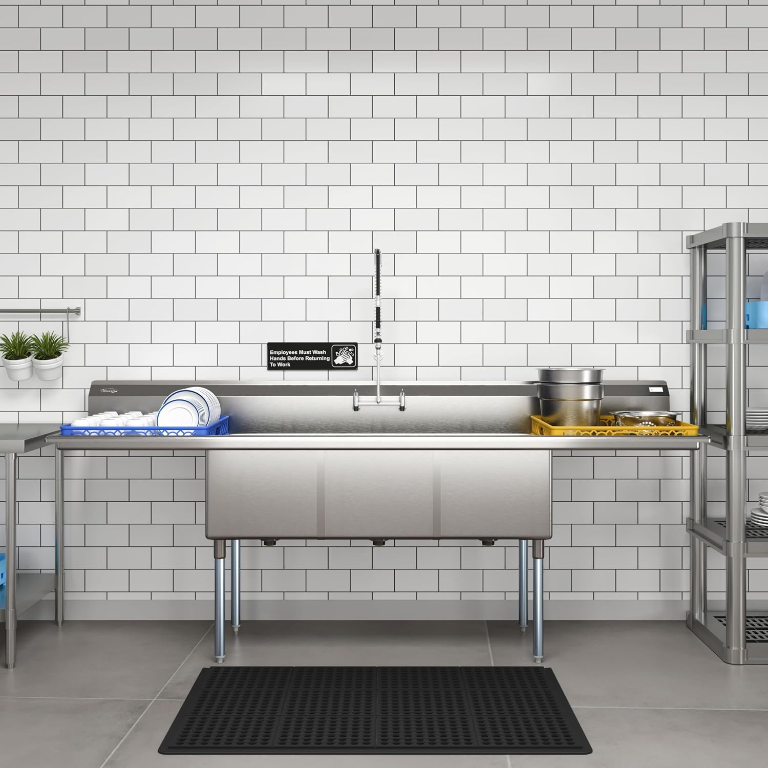 KoolMore 102 in. Three Compartment 18-Gauge Stainless-Steel NSF Commercial Kitchen Sink, Bowl Size 18x24x14, with Three Basins for Washing and Rinsing Dishes with Two Drainboards (KM-SC182414-24B3)