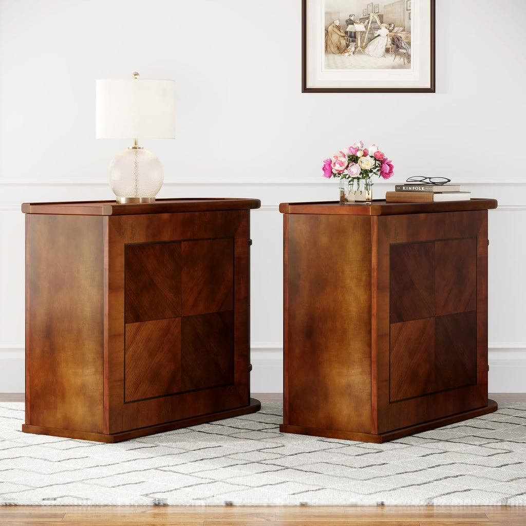 Wood End Table with 2 Drawers, No Assembly Required Narrow Sofa Side Table for Living Room, Vintage Slim Nightstand Bedside Table for Bedroom (2 Drawers, Brown, 2 Pcs)