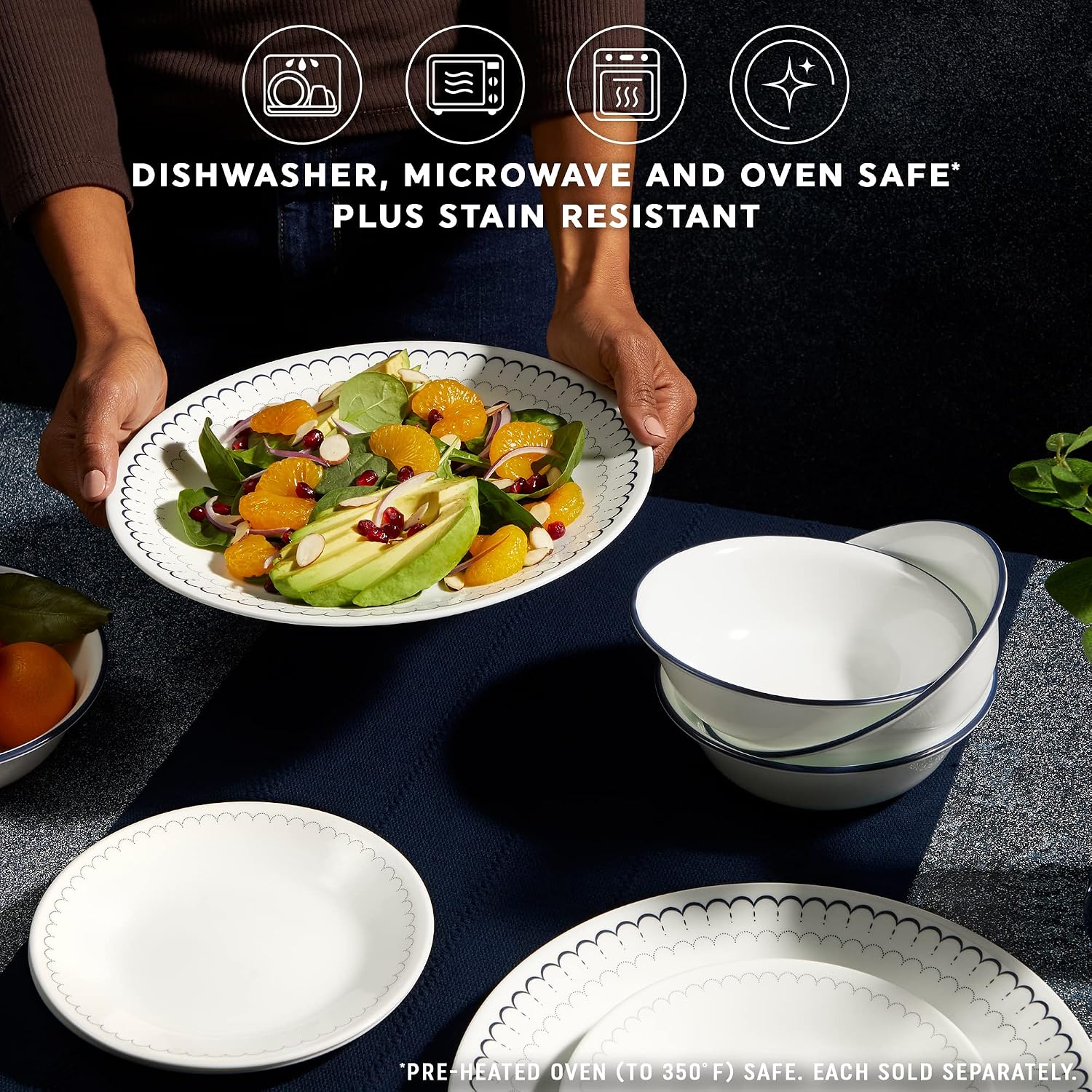 Corelle 18-Piece Dinnerware Set, Service for 6, Lightweight Round Plates and Bowls Set, Caspian & 6-Piece 10.25' Dinner Round Plates, Vitrelle Triple Layer Glass, Caspian