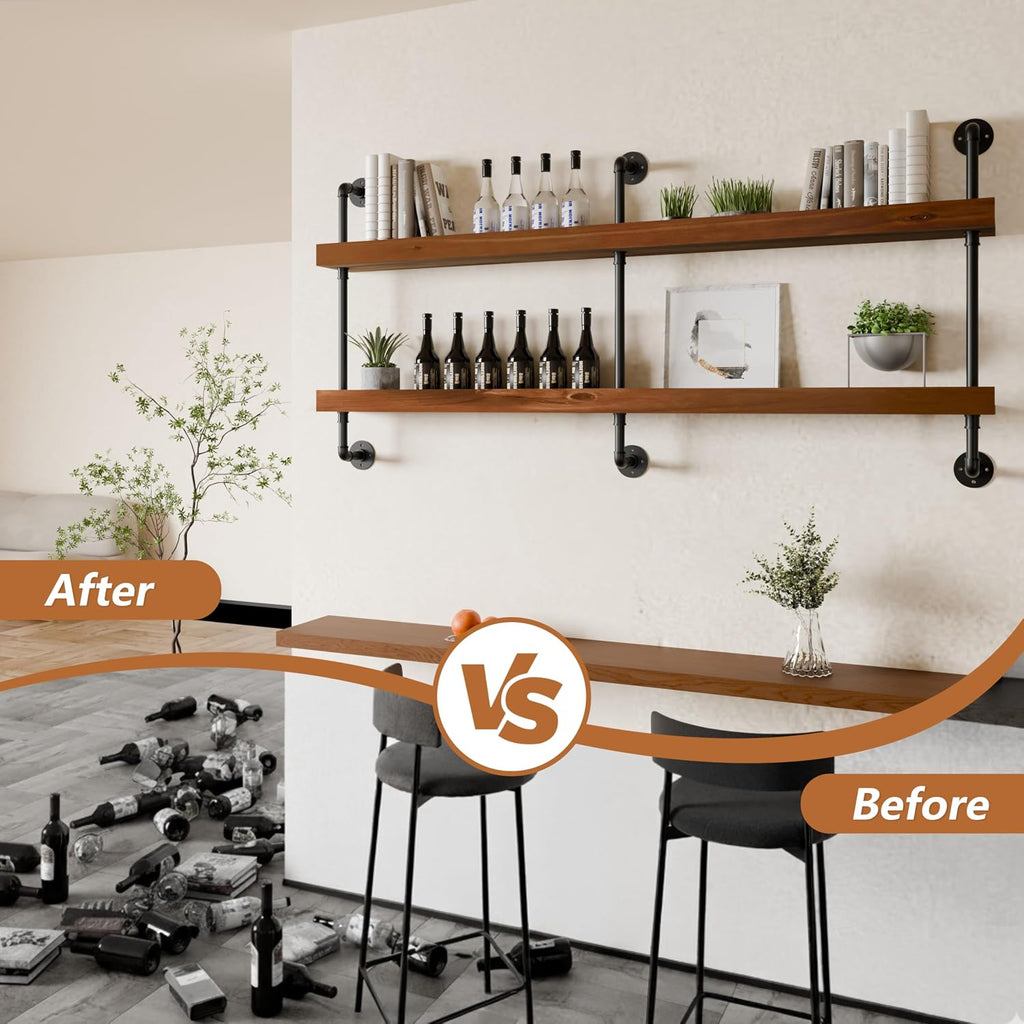 Wall Mounted Wine Rack with LED Light, LED Industrial Pipe Wine Shelf, 2-Tier Hanging Bottle Rack, Bar Storage Shelf for Bottles (Walnut Brown, 60')
