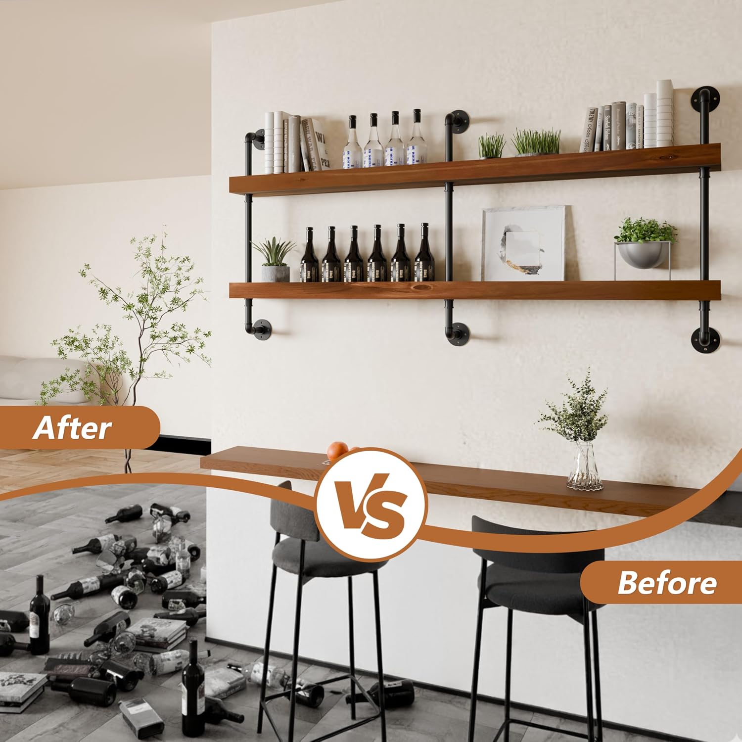 Wall Mounted Wine Rack with LED Light, LED Industrial Pipe Wine Shelf, 2-Tier Hanging Bottle Rack, Bar Storage Shelf for Bottles (Walnut Brown, 60')