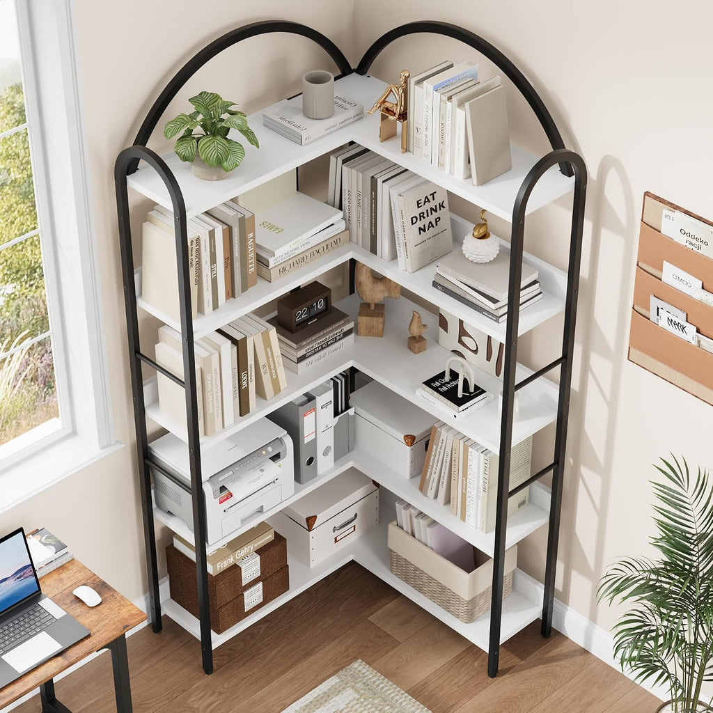 GarveeHome Arched Bookshelf Corner Bookcase, L Shaped Bookshelf Industrial Corner Bookshelves, Large Bookcase with Metal Frame, Corner Shelf Arch Display Rack for Living Room Bedroom