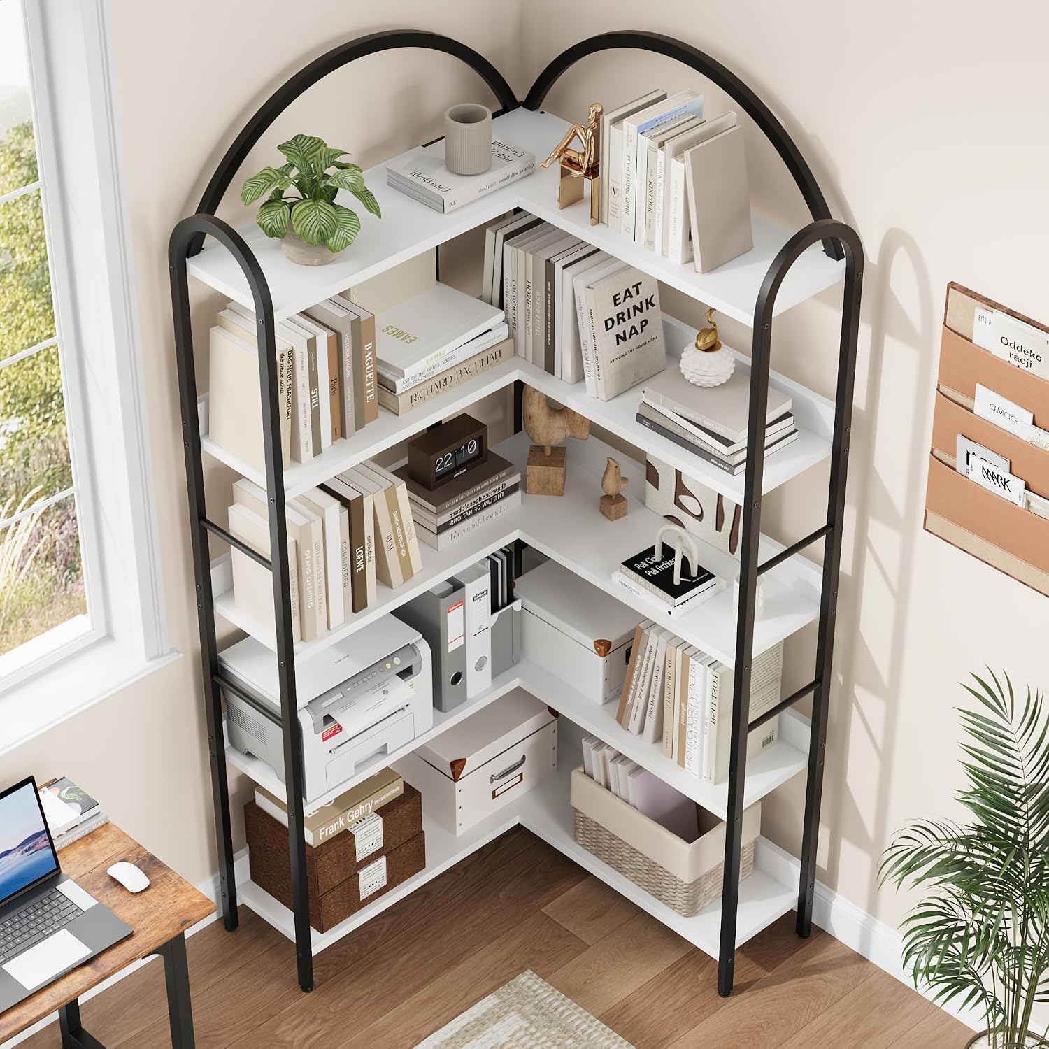 GarveeHome Arched Bookshelf Corner Bookcase, L Shaped Bookshelf Industrial Corner Bookshelves, Large Bookcase with Metal Frame, Corner Shelf Arch Display Rack for Living Room Bedroom
