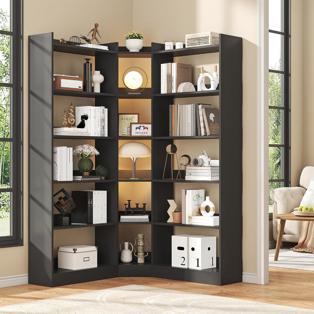 Nosepen 6 Tiers Corner Bookshelf, 63.1' Tall Modern Corner Etagere Bookcase Storage Display Rack Book Shelf with Baffle, Industrial L Shaped Bookshelves for Bedroom, Home Office, Living Room, Black