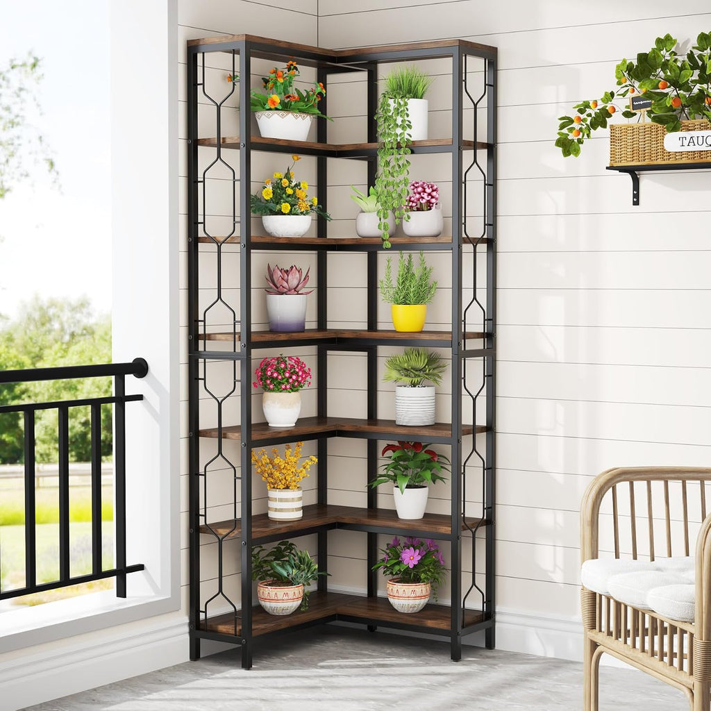 LITTLE TREE Corner Bookshelf, 7-Tier Bookcase, Tall Book Shelf Modern Book Case for Books, Garage Kit, CDs, Movies, Industrial Storage Organizer for Bedroom Home Office Kitchen Living Room, Brown