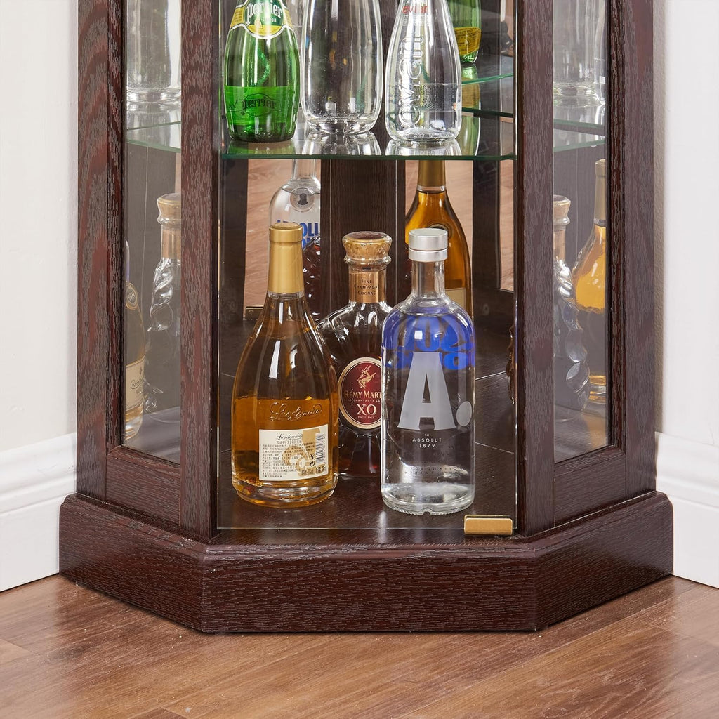 69' H Lighted Corner Curio Cabinet, 5-Tier Curio Glass Display Cabinet with Door & Adjustable Glass Shelves, Wooden Display Showcase Corner Storage Cabinet for Living Room (Dark Cherry)