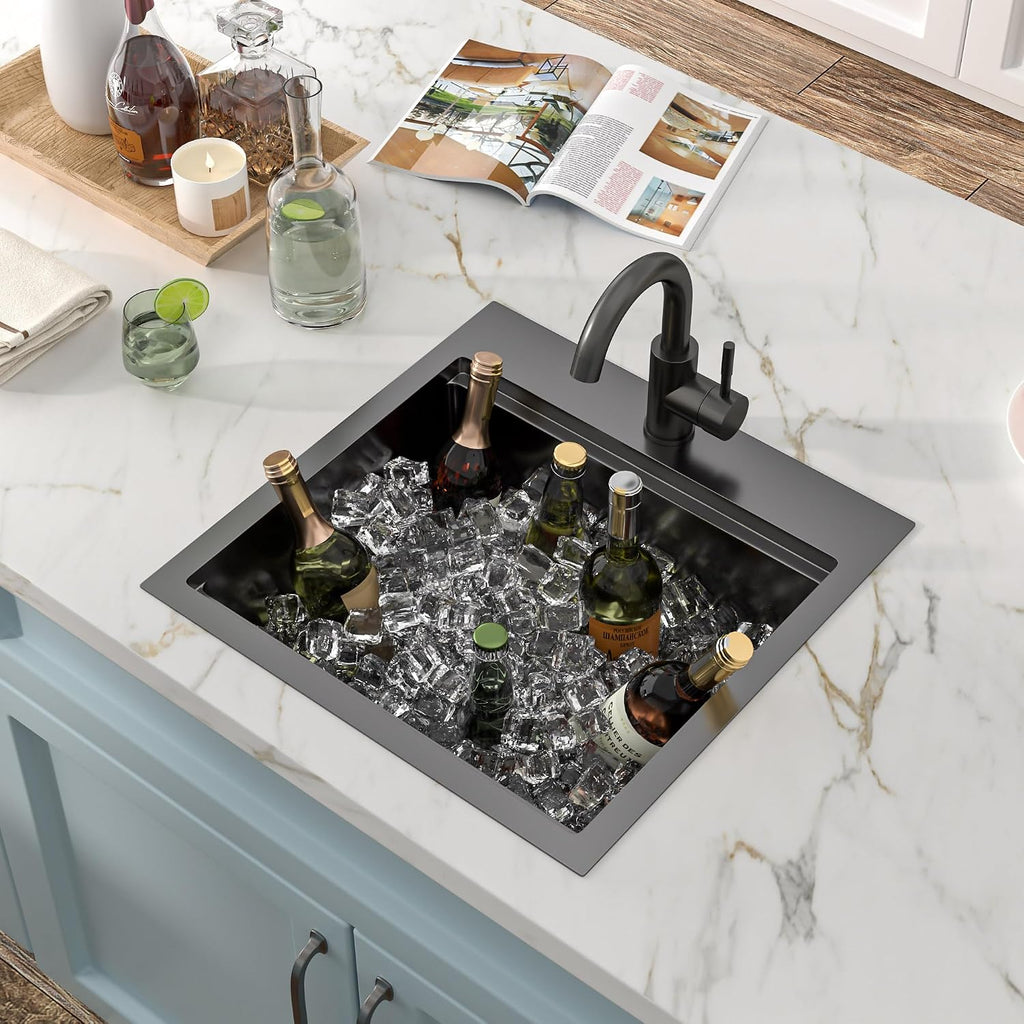 18'x18' Drop In Bar Prep Sink Workstation – Gunmetal Black NANO-PVD, 16 Gauge 304 Stainless Steel, Single Bowl Top Mount Wet Bar RV Outdoor Kitchen Sink with Faucet