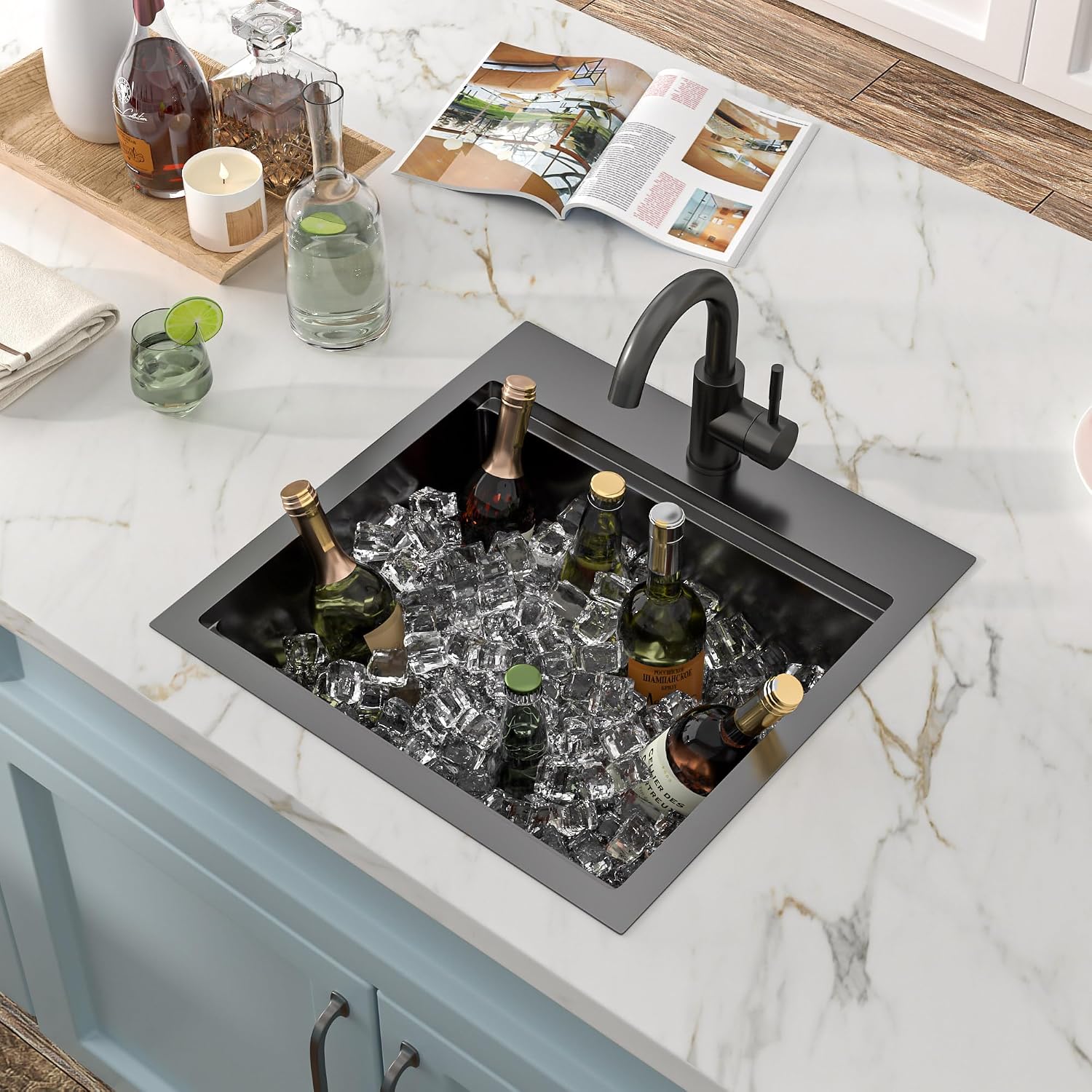 18'x18' Drop In Bar Prep Sink Workstation – Gunmetal Black NANO-PVD, 16 Gauge 304 Stainless Steel, Single Bowl Top Mount Wet Bar RV Outdoor Kitchen Sink with Faucet