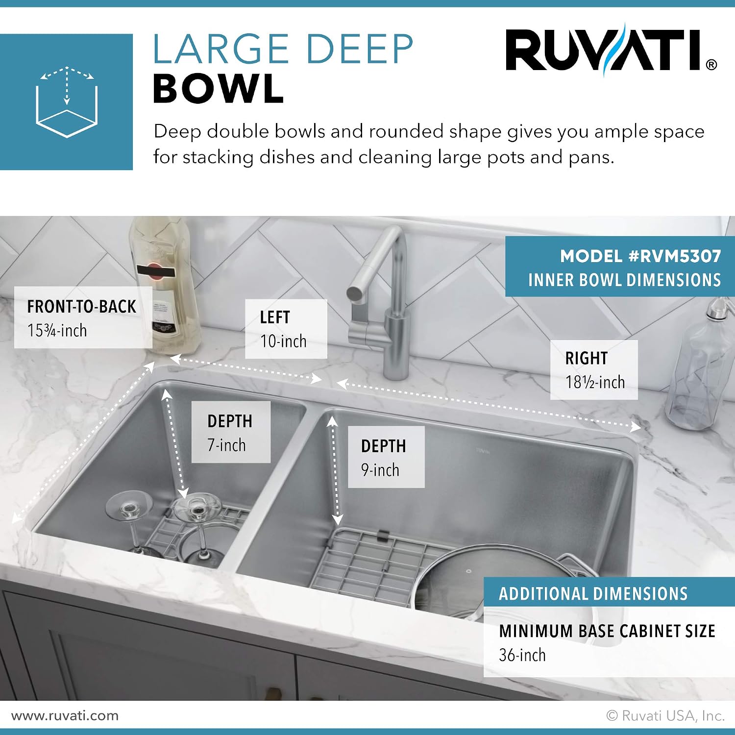 Ruvati 32-inch Undermount Kitchen Sink - 30/70 Double Bowl Kitchen sink - 16 Gauge Stainless Steel Kitchen Sinks with Brushed Finish hides scratches, Easy-to-Clean Undermount Sink - RVM5307