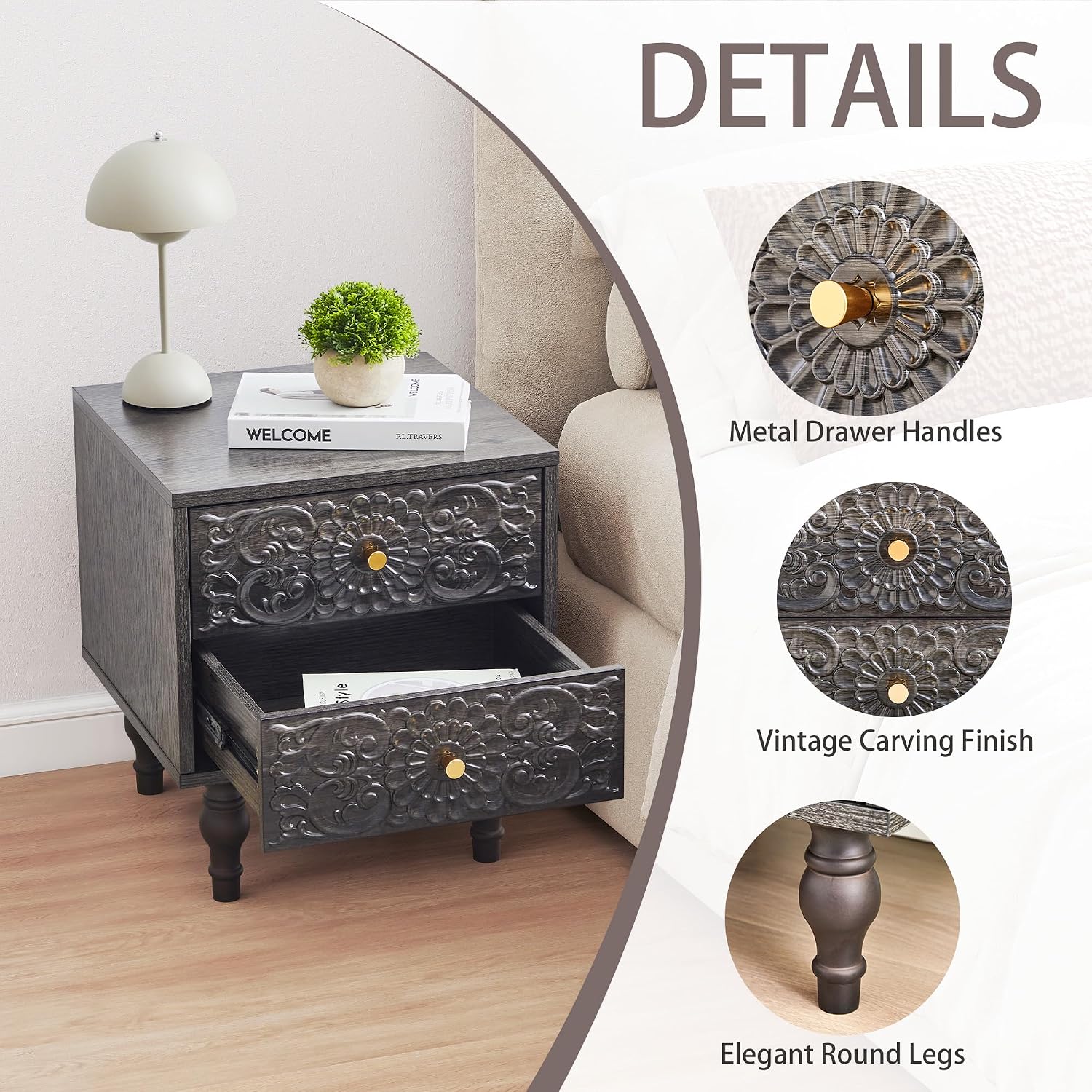 Nightstand, Farmhouse Bedside Table with 2 Drawers and Metal Handles, Wood Sofa Side End Table Accent Dresser for Bedroom, Living Room (Black Brown-2 Packs) (15.75 x 16.02 x 18.15 Inch)