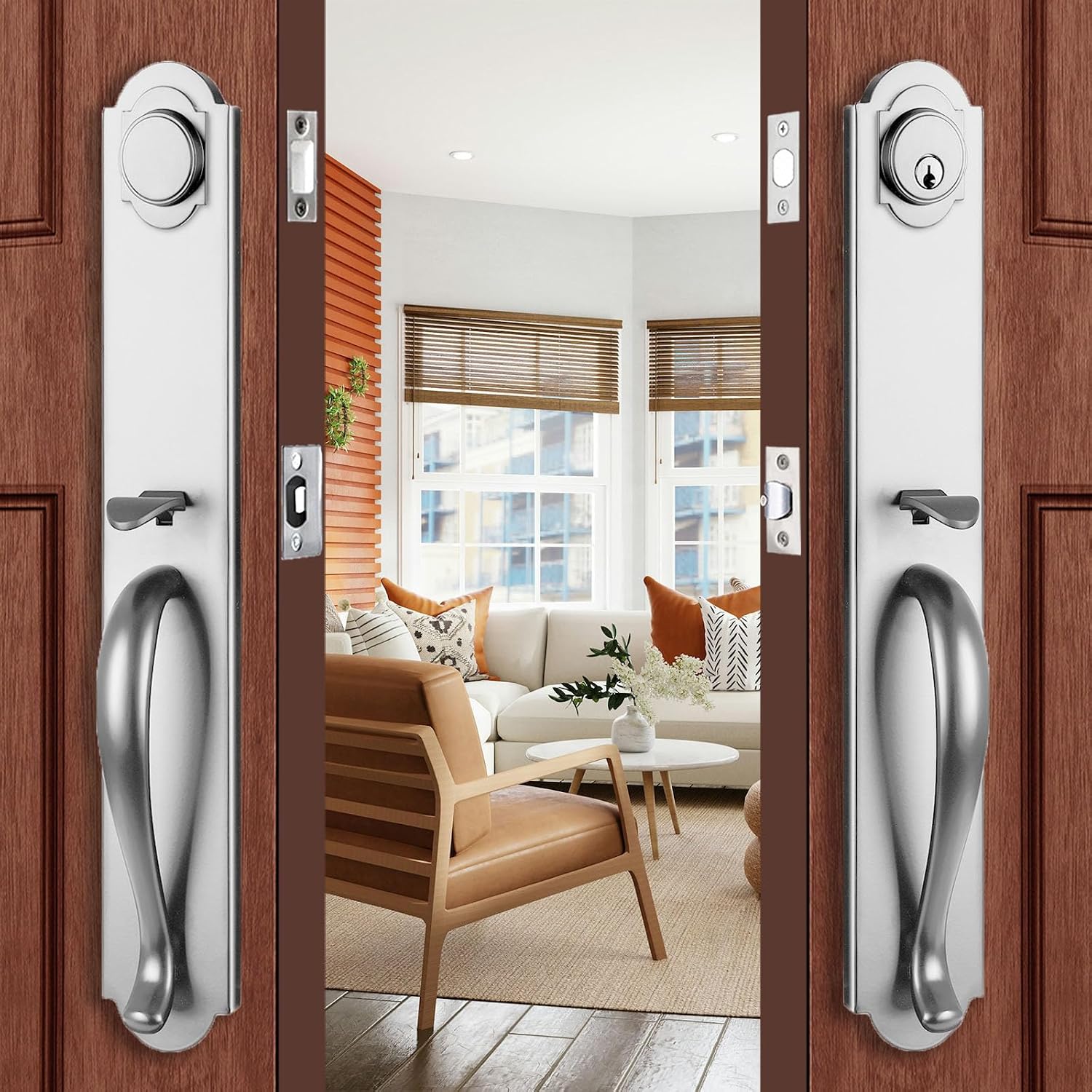Double Door Handle Set for Front Door, Brushed Nickel Keyed&Dummy Exterior Door Lockset with Deadbolt, Reversible for Right&Left Handed