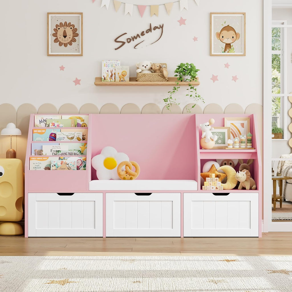 FOTOSOK 55.1'' Kids Bookshelf with Reading Nook, Toy Storage Organizer with Seat Cushion and 3 Movable Drawers, Kids Reading Nook Toy Organizers and Storage with Bench for Playroom, Bedroom, Pink