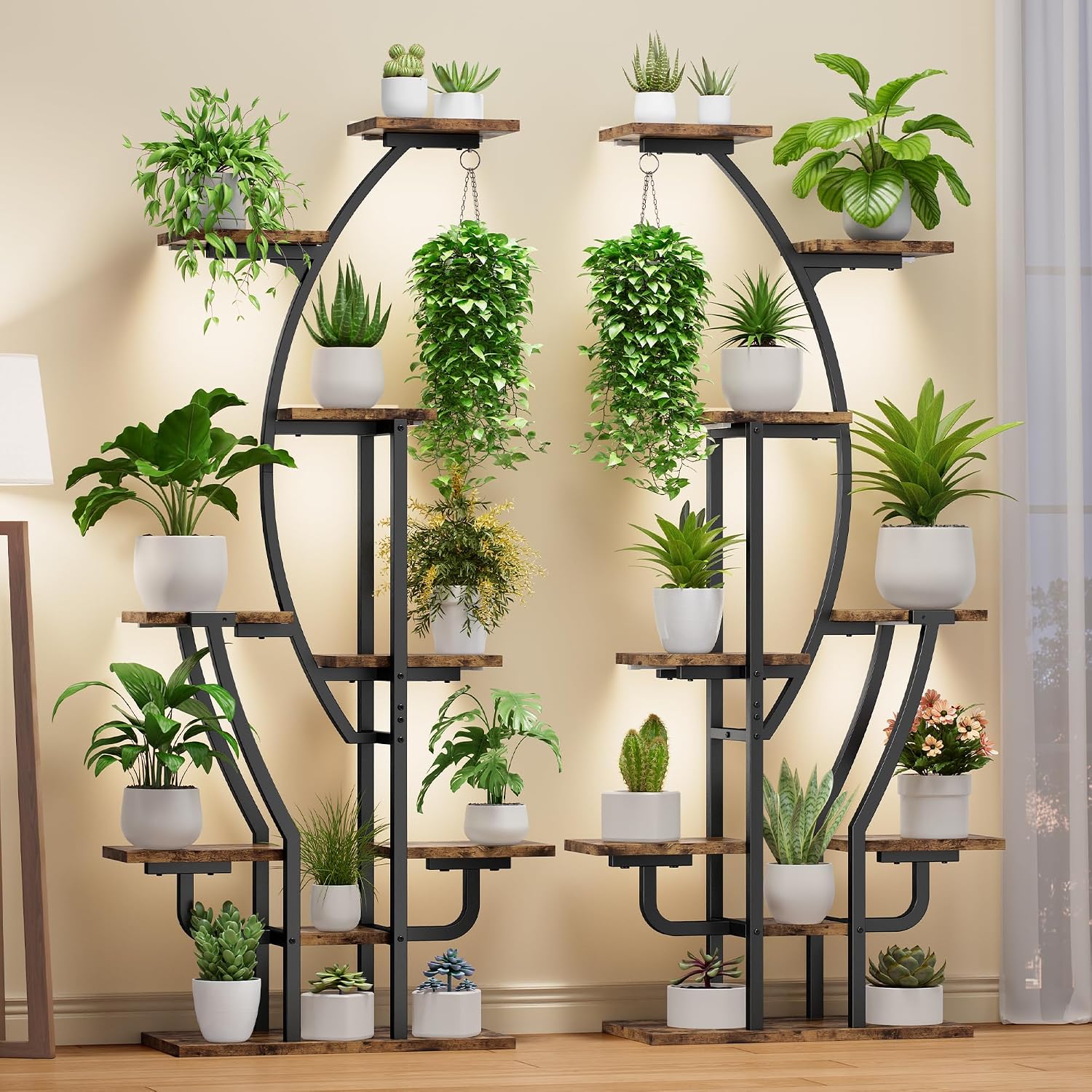IRONCK Plant Stand Indoor with Grow Lights, 9 Tiered Indoor Plant Shelf, 62' Corner Plant Stands for Indoor Plants, Metal Plant Flower Display Shelves, Moon-Shaped Plant Rack for Home, Patio, Black