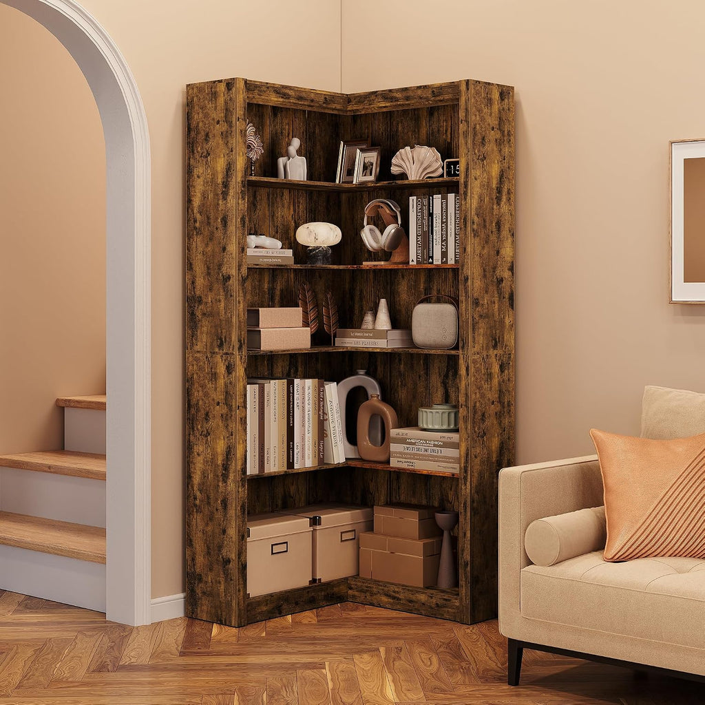 GarveeHome Corner Bookshelf, 71.8 in Farmhouse Corner Bookcase, L-Shaped Bookshelf Large Bookcase, 5 Tier Display Shelf Heavy Duty Bookcases, Bookshelves with Storage