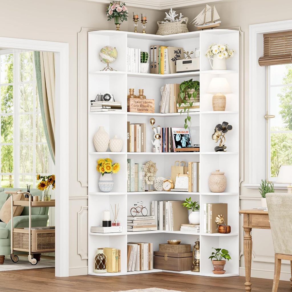 FOTOSOK 72' Tall Corner Bookshelf, 6-Tier Bookshelf and Bookcase with Open Storage, L Shaped Tall Bookcases Wooden Storage Shelves for Home Office, Thickened Boards for Better Load Bearing, White