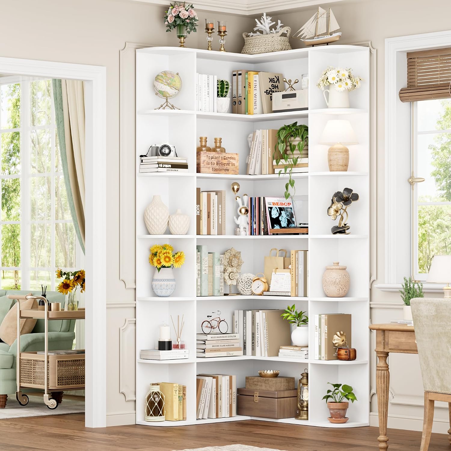 FOTOSOK 72' Tall Corner Bookshelf, 6-Tier Bookshelf and Bookcase with Open Storage, L Shaped Tall Bookcases Wooden Storage Shelves for Home Office, Thickened Boards for Better Load Bearing, White