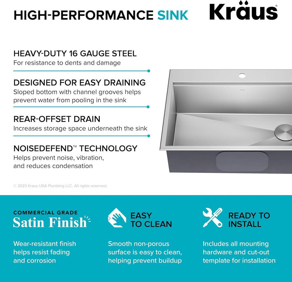 KRAUS Kore 30-Inch Drop In/Top Mount Workstation 16 Gauge Single Bowl Stainless Steel Kitchen Sink with Accessories, KWT310-30