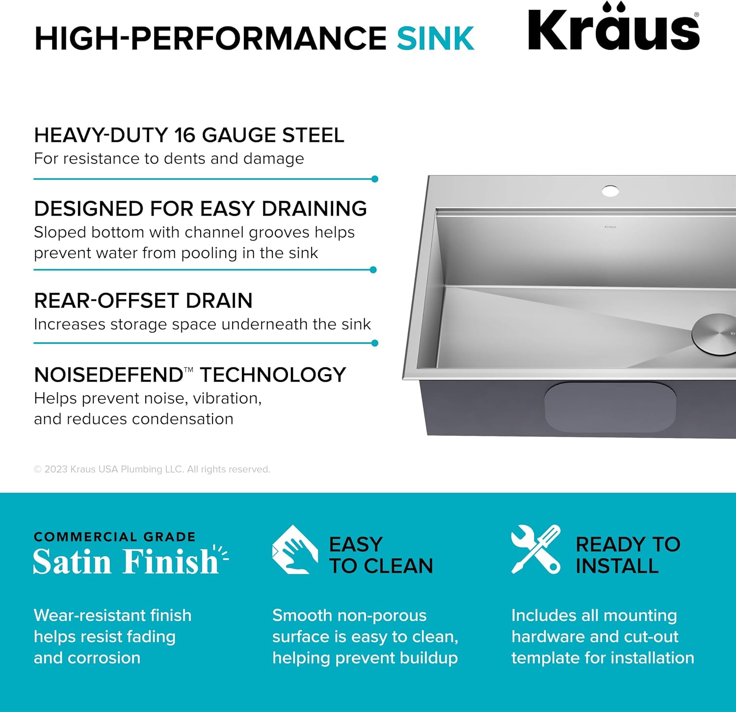 KRAUS Kore 30-Inch Drop In/Top Mount Workstation 16 Gauge Single Bowl Stainless Steel Kitchen Sink with Accessories, KWT310-30
