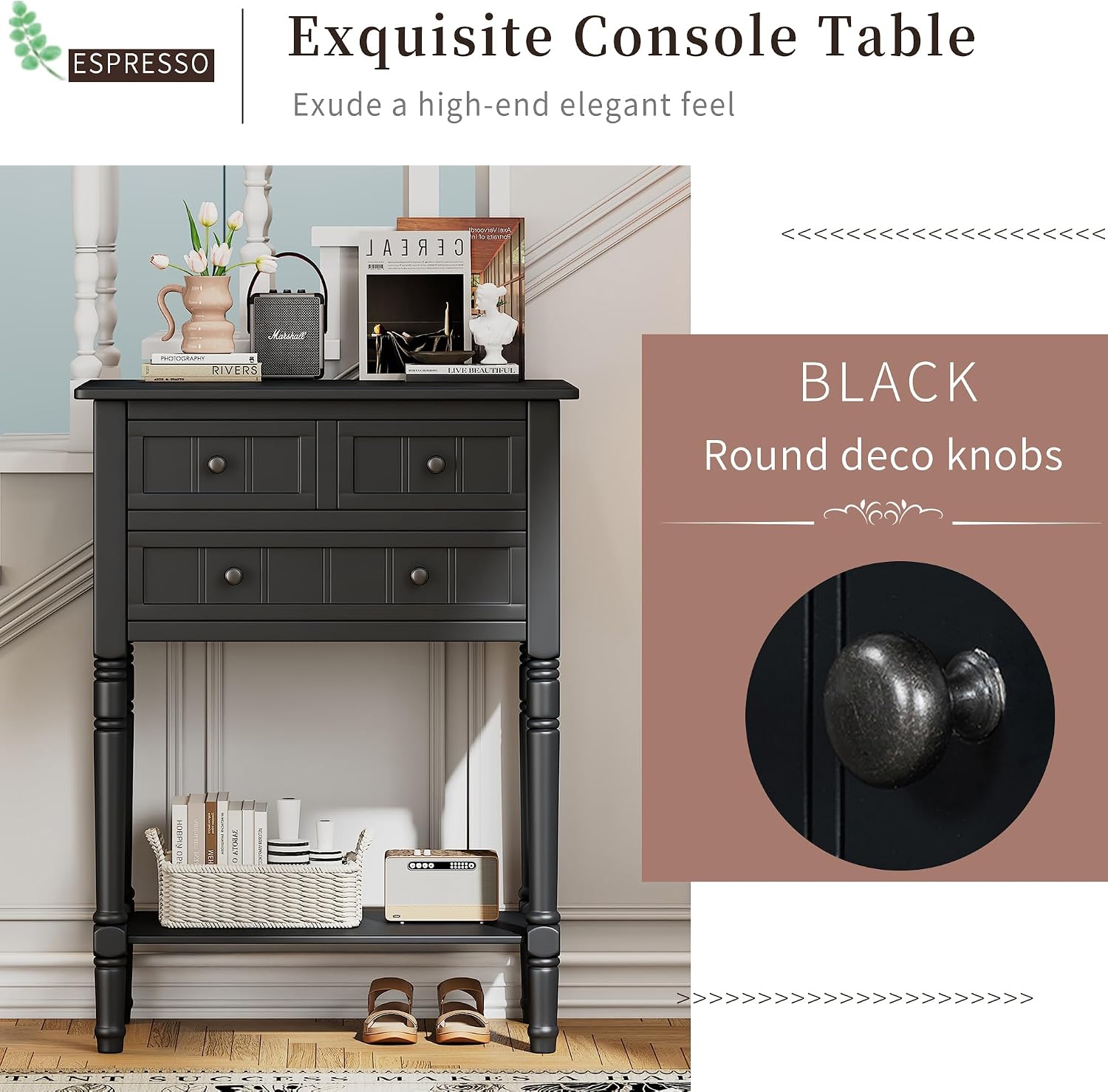 Knocbel Slim Antique Entry Console Table with 3 Drawers & Bottom Open Shelf, Solid Wood Narrow Sofa Couch Table for Entryway Hallway Living Room 23.7' W x 13' D x 31.4' H Black