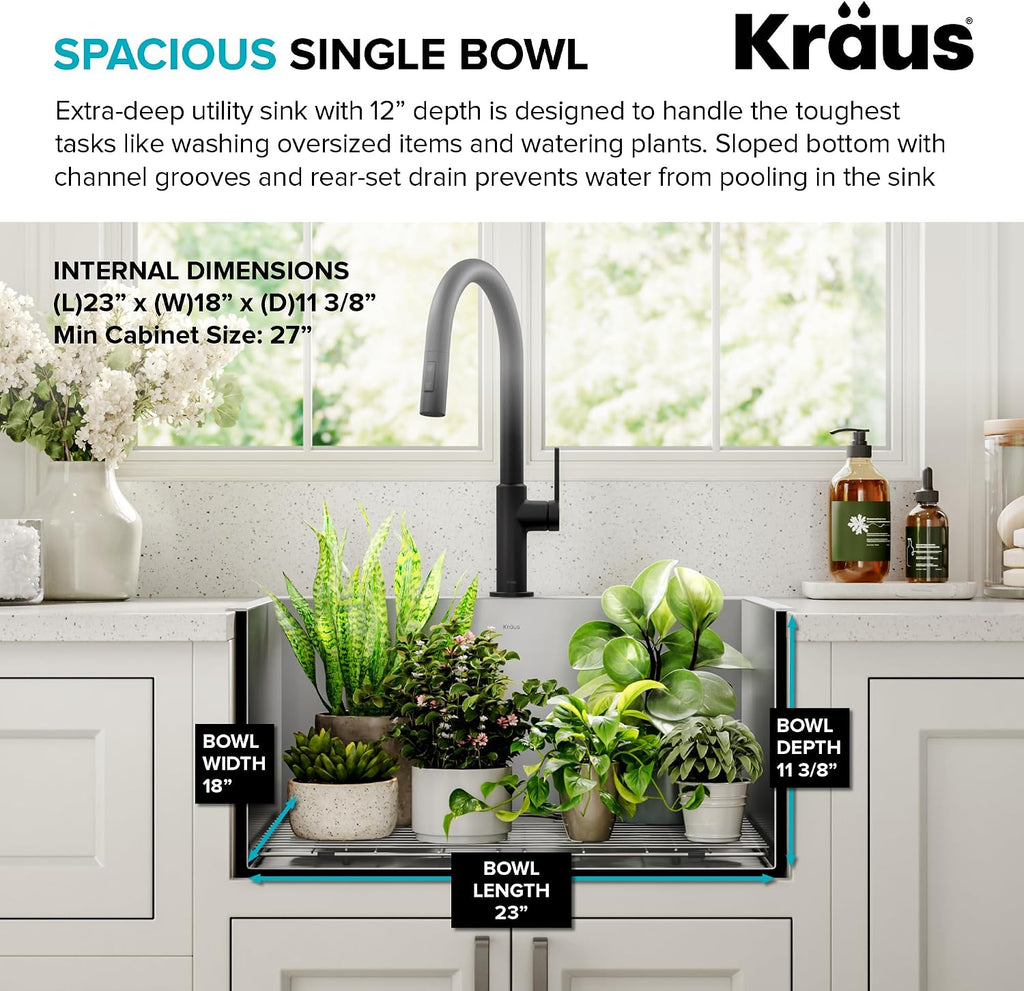 KRAUS Standart PRO 25-inch Drop-In Top Mount 16 Gauge Stainless Steel Single Bowl Laundry Utility Sink, KHT301-25L