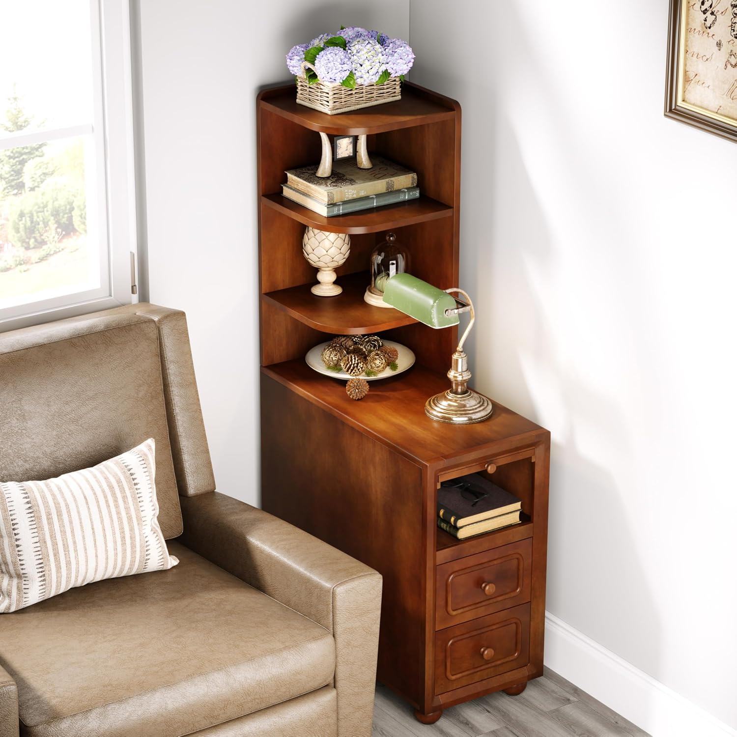 Solid Wood End Table with Drawers and Reversible Corner Shelves, Tall Narrow Side Table with Storage High Slim Chair Solid Side Table, Walnut