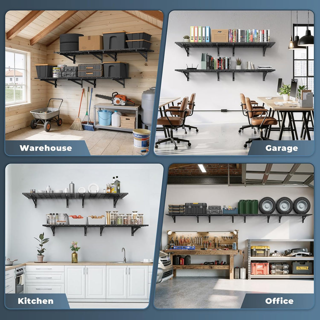 Jusgym 4 Pack Heavy Duty Garage Wall Shelving Set (2x3ft), Wall Mounted Garage Shelves 1400lbs Capacity, 24'x72' Shelf Storage Rack Floating Shelves, Black