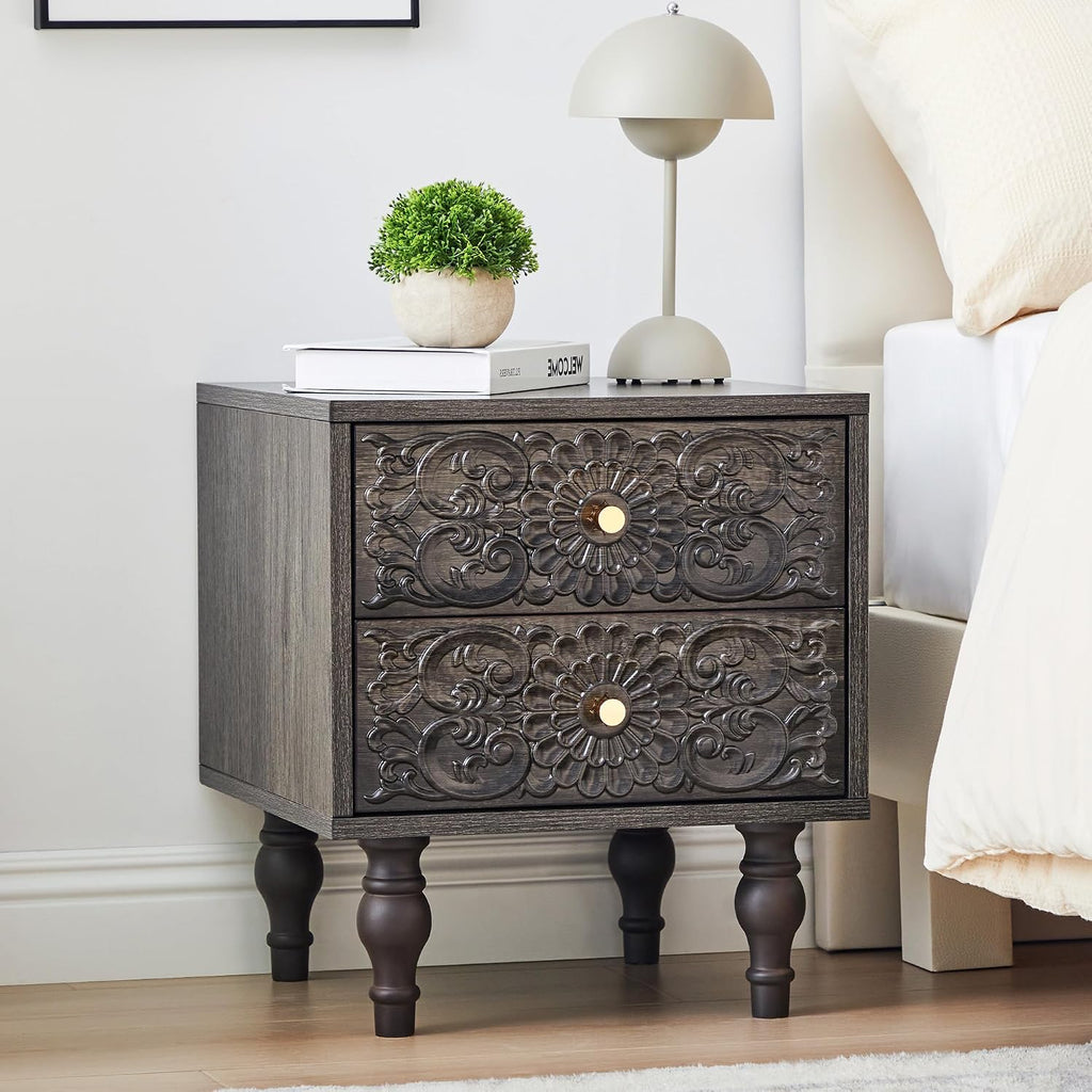 Nightstand, Farmhouse Bedside Table with 2 Drawers and Metal Handles, Wood Sofa Side End Table Accent Dresser for Bedroom, Living Room (Black Brown-2 Packs) (15.75 x 16.02 x 18.15 Inch)