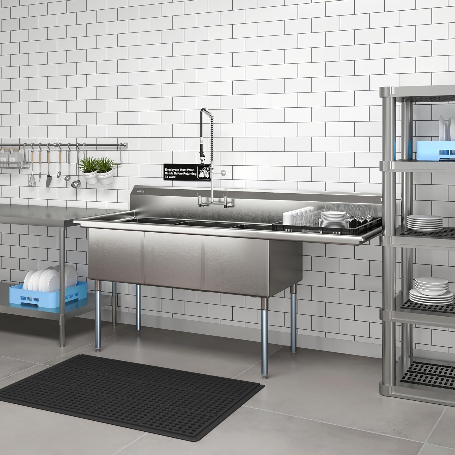 KoolMore 81 in. Three Compartment 18-Gauge Stainless-Steel NSF Commercial Kitchen Sink, Bowl Size 18x24x14, with Three Basins and Pre-Drilled Faucet Holes with Right Drainboard (KM-SC182414-24R3)